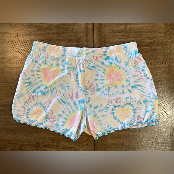 Women’s cute pajama shorts size Small tie dye with blue ruffle trim drawstring - Picture 7 of 9